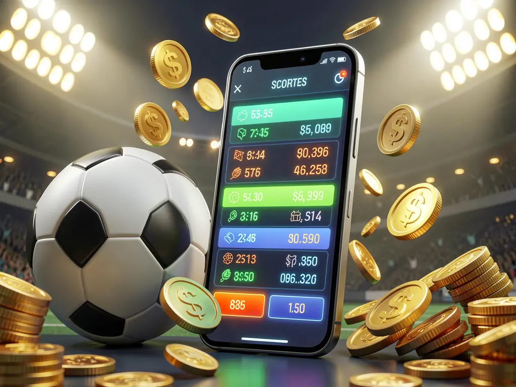 U22 modern football betting visual featuring a smartphone displaying glowing sports odds interface surrounded by a soccer ball, golden coins, and stadium lights in a premium 3D illustration