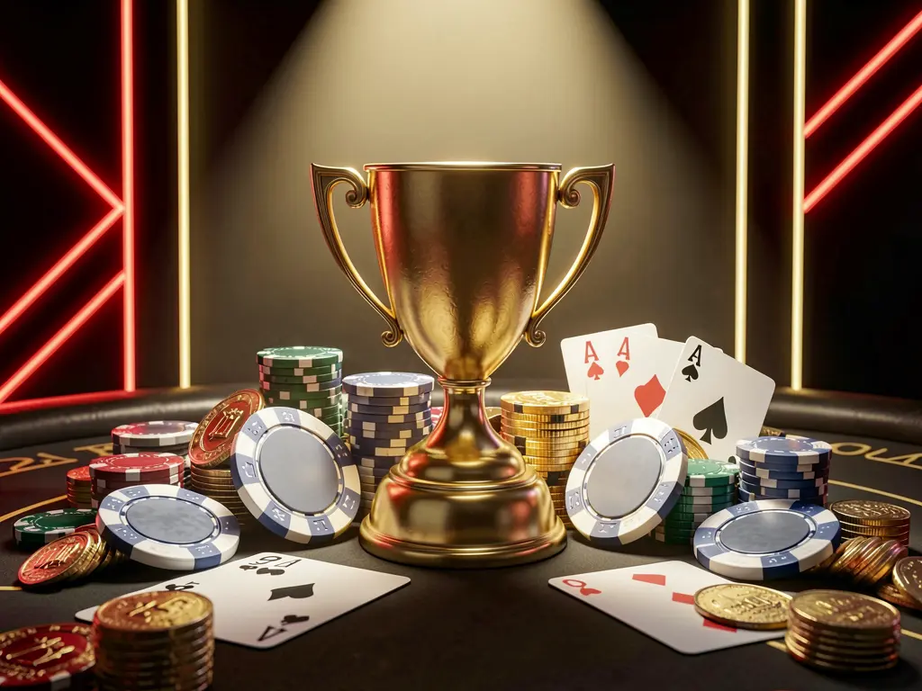 U22 casino tournament bonus concept featuring a golden trophy surrounded by poker chips, playing cards, and coins under a bright spotlight in a competitive luxury casino atmosphere with dark background and red and gold neon accents