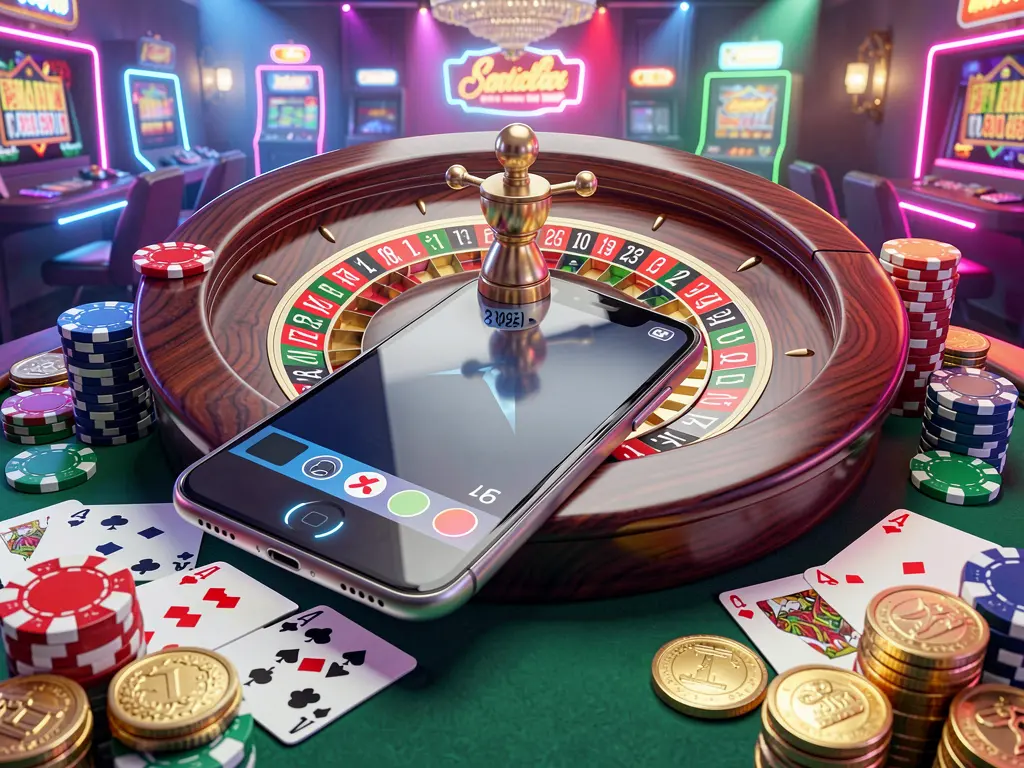 U22 mobile casino experience with a smartphone surrounded by a roulette wheel, chips, cards, and coins in a bright neon casino atmosphere