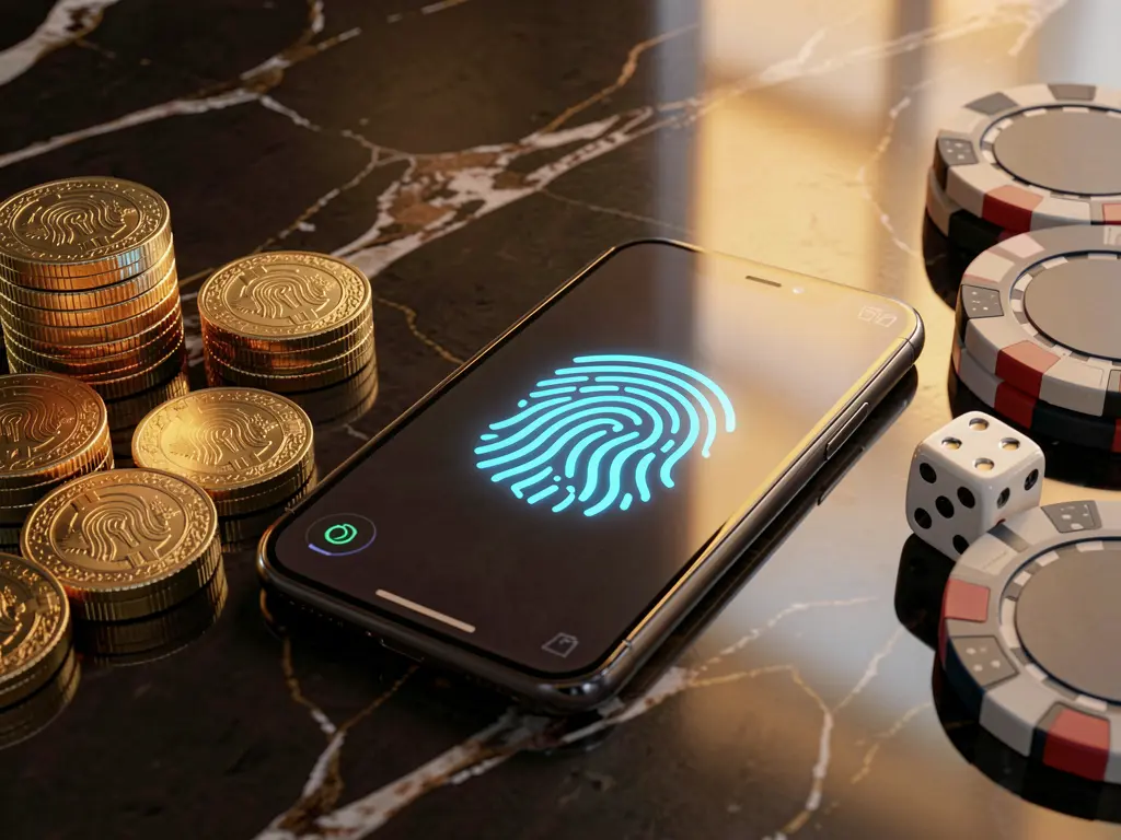 U22 online gaming account access scene with smartphone displaying glowing fingerprint icon, golden coins, dice, and poker chips on a glossy table under cinematic lighting