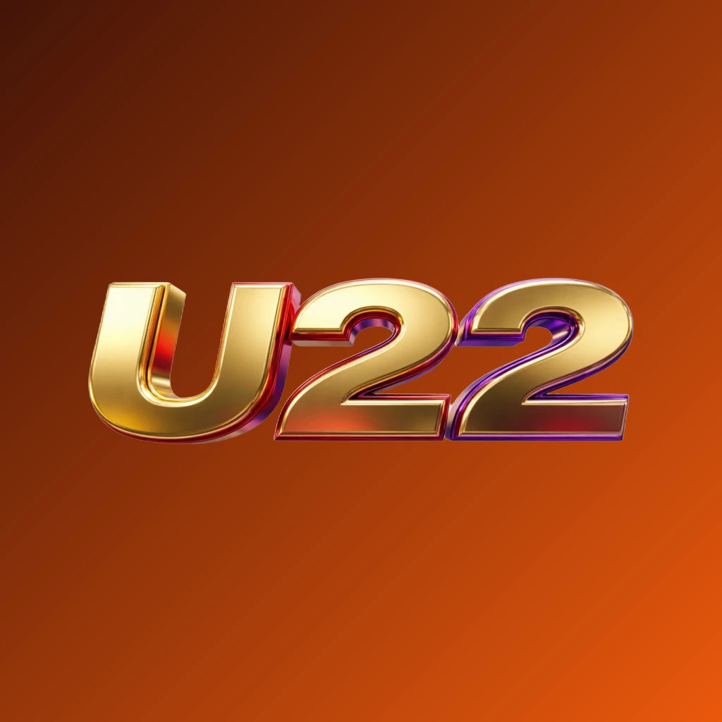 Bright premium U22 logo with thick uppercase typography in vivid gold, red, and purple colors, polished metallic finish, strong visual impact, horizontal rectangular wordmark on transparent background